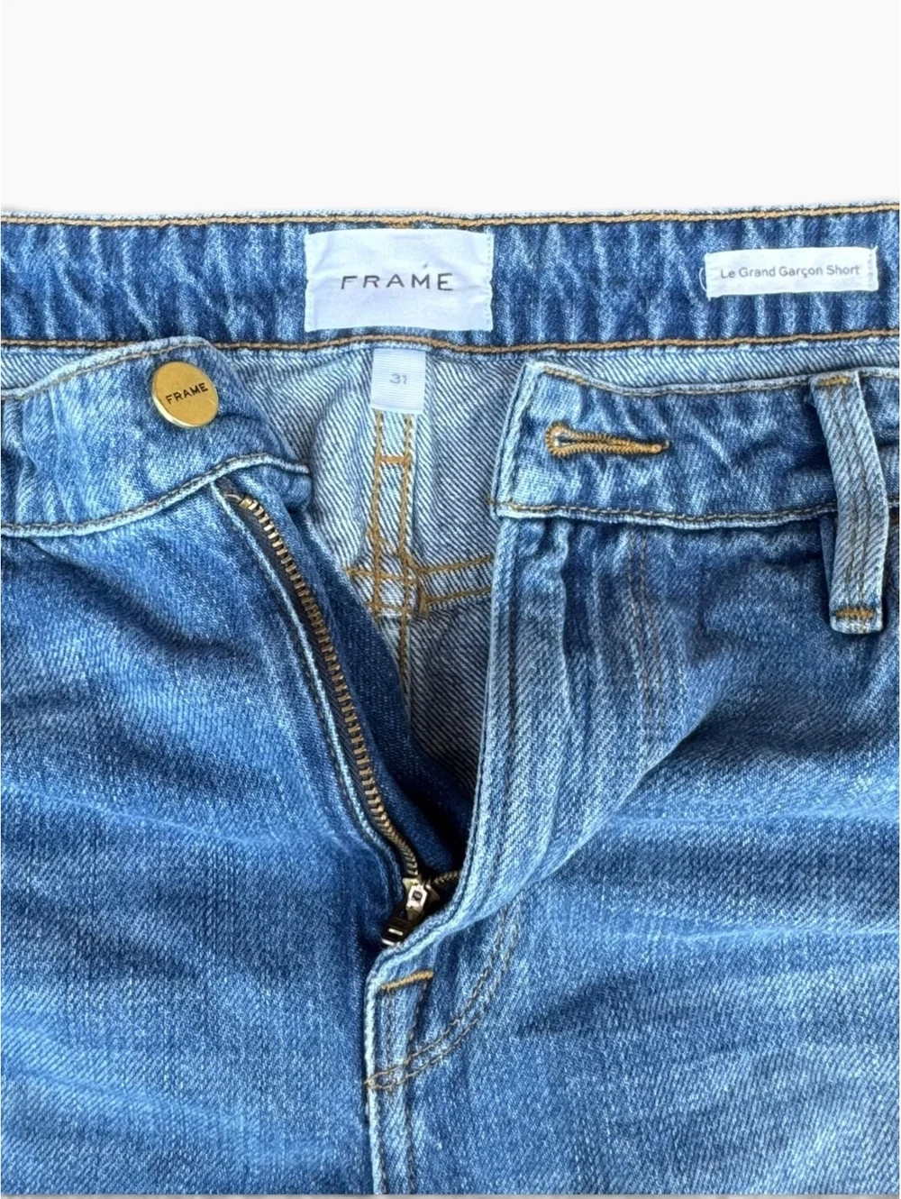 FRAME Le Grand Garçon Distressed Denim Shorts Size 31 in Heron Indigo Wash